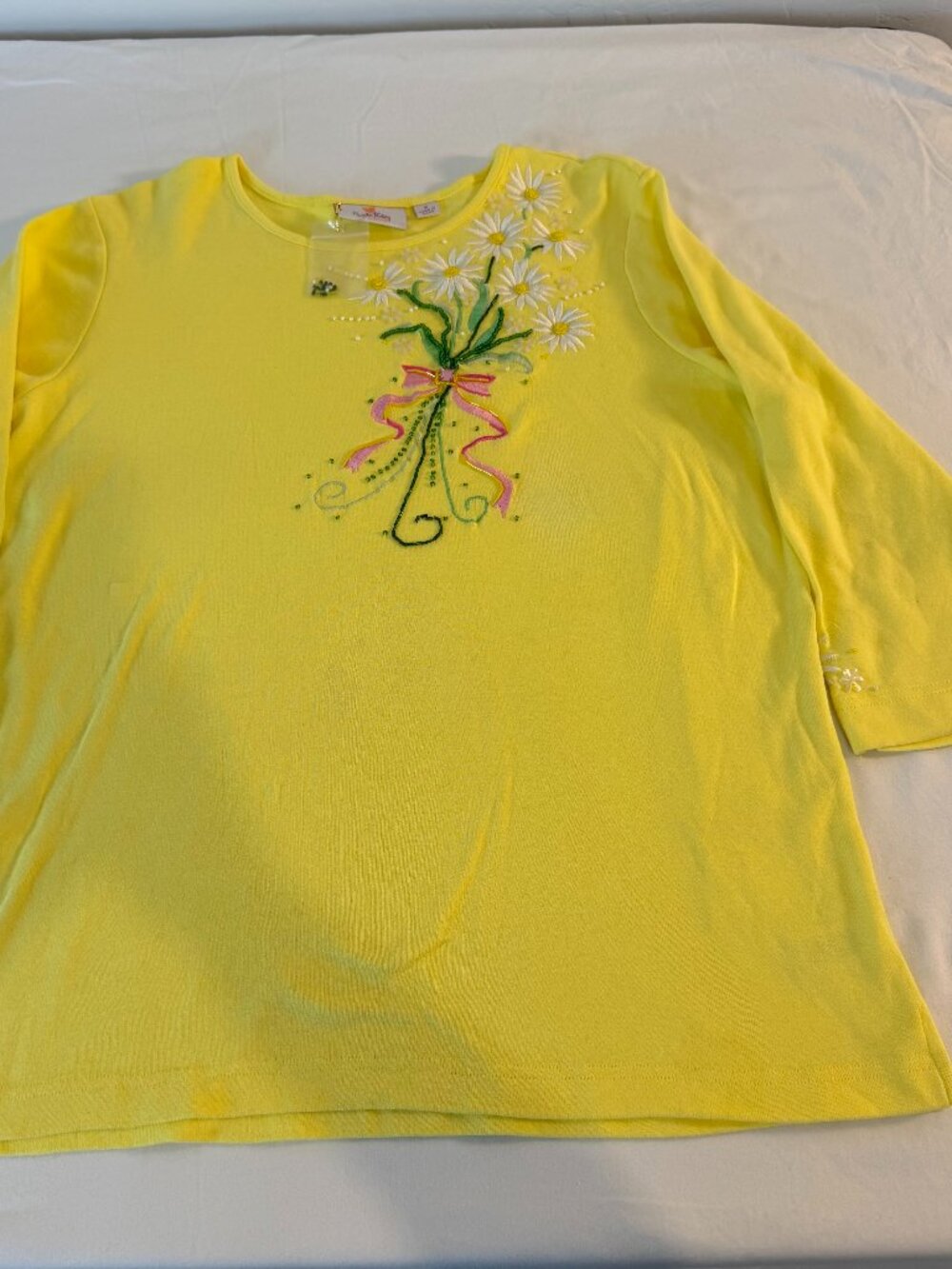 Quacker Factory Yellow Embellished Daisy Bouquet 3/4 Sleeve Cotton Top Womens M